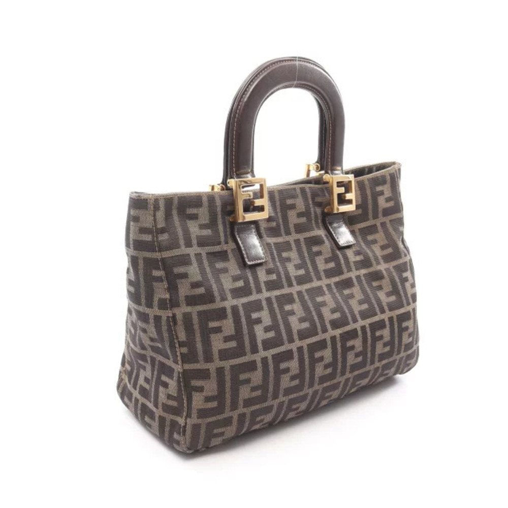 Fendi Brown Canvas Black Zucca Handbag Leather Brown Black